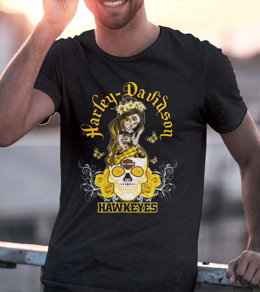 Harley Davidson Iowa Hawkeyes Day Of The Dead Girl With Skull And Butterflies T-Shirt