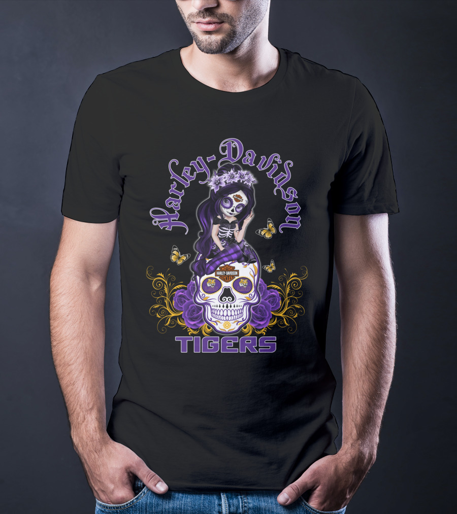 Harley Davidson Lsu Tigers Skull With Purple Flowers And Butterflies T-Shirt