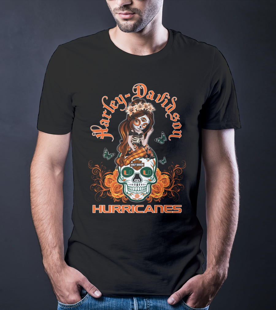 Harley Davidson Miami Hurricanes Butterfly Skull Roses T-Shirt