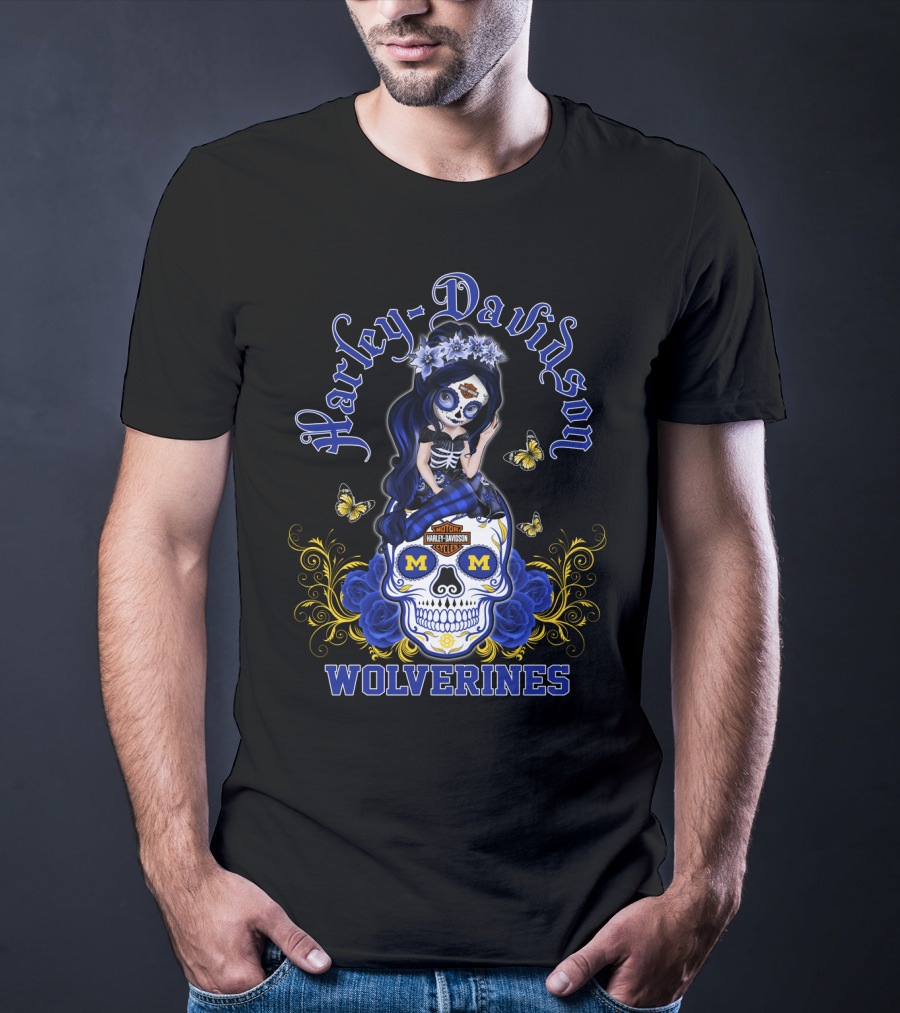 Harley Davidson Michigan Wolverines Skull Girl With Butterflies And Blue Roses T-Shirt