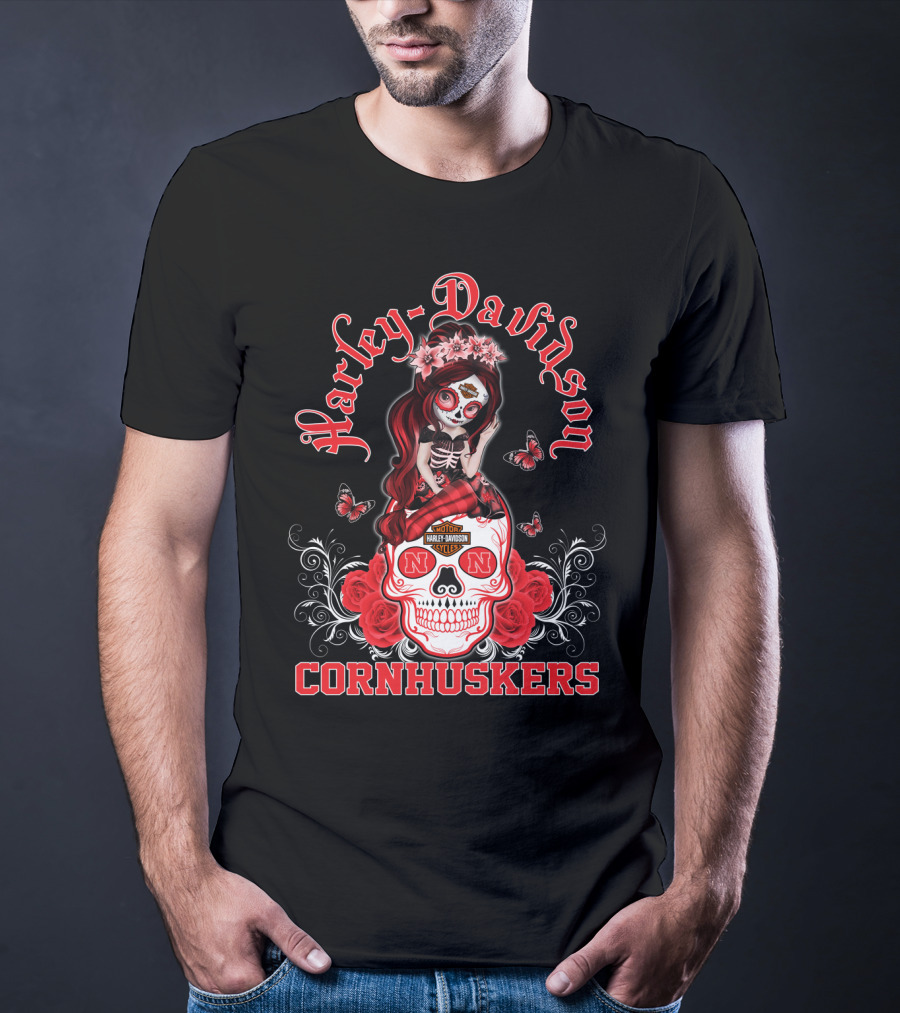 Harley Davidson Nebraska Cornhuskers Skull Roses Girl T-Shirt