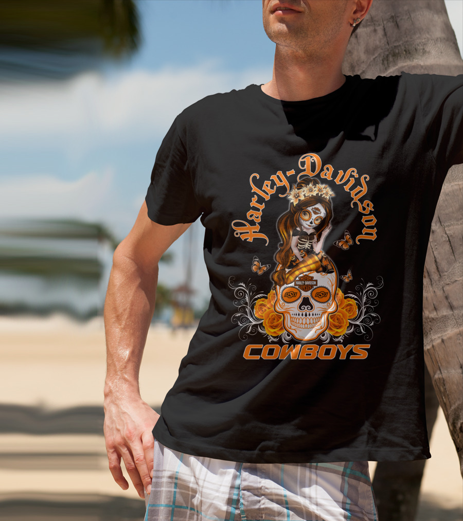 Harley Davidson Osu Cowboys Sugar Skull Roses Butterfly T-Shirt