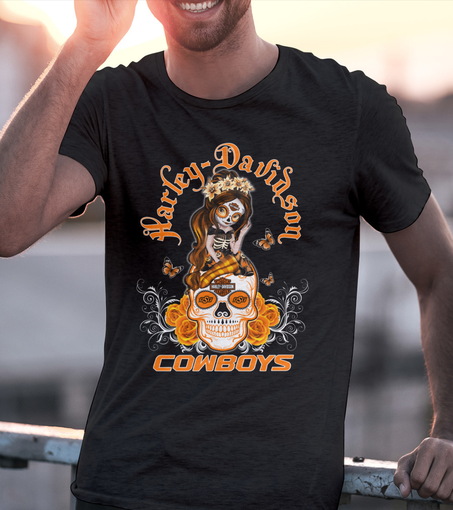 Harley Davidson Osu Cowboys Sugar Skull Roses Butterfly T-Shirt