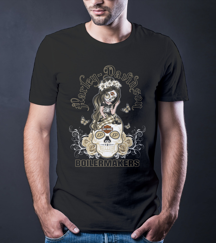 Harley Davidson Motor Cycles Boilermakers Purdue P Skull Roses Butterflies T-Shirt
