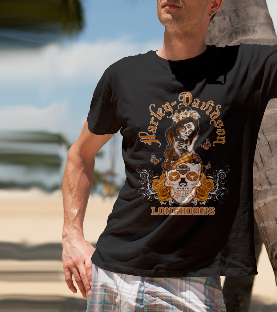 Harley Davidson Longhorns Texas Girl Skull Floral Motif T-Shirt