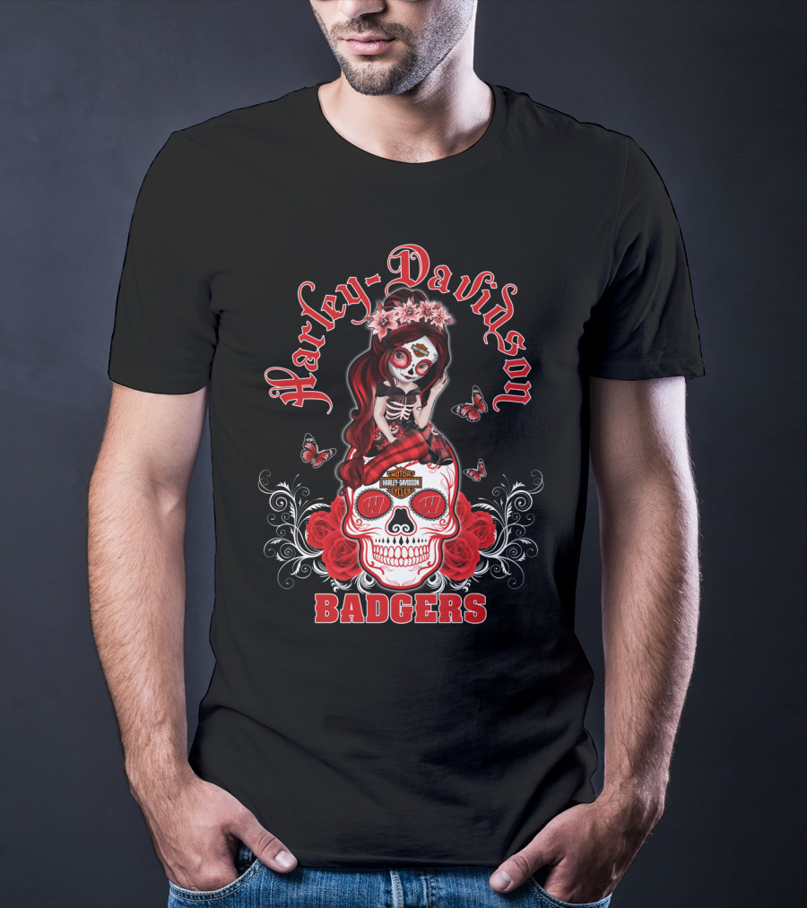 Harley Davidson Wisconsin Badgers Skull Rose Blossoms T-Shirt