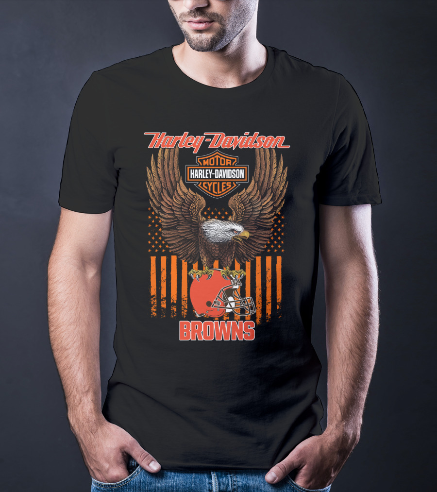 Harley Davidson Motor Cycles Nfl Cleveland Browns Eagle Flag T-Shirt