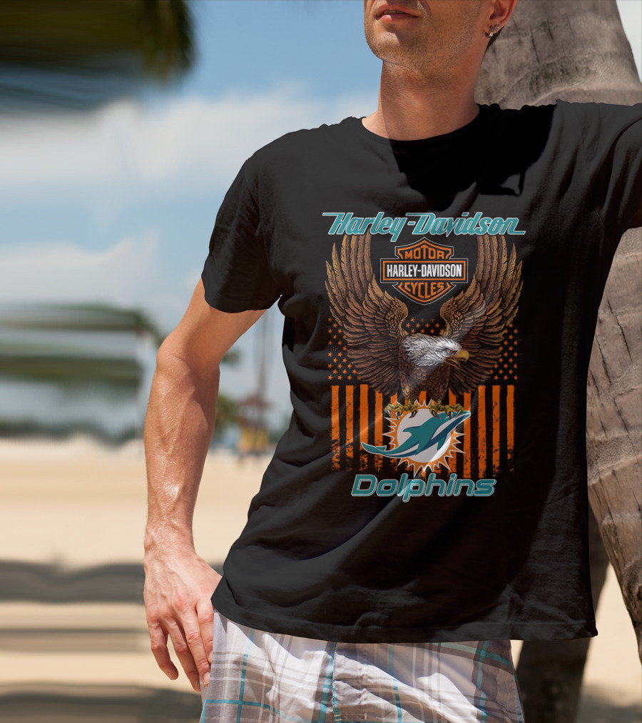 Harley Davidson Motor Cycles Miami Dolphins Eagle Stars Stripes T-Shirt