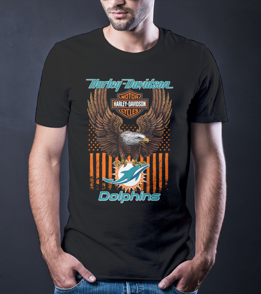Harley Davidson Motor Cycles Miami Dolphins Eagle Stars Stripes T-Shirt