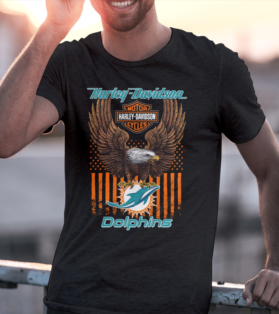 Harley Davidson Motor Cycles Miami Dolphins Eagle Stars Stripes T-Shirt