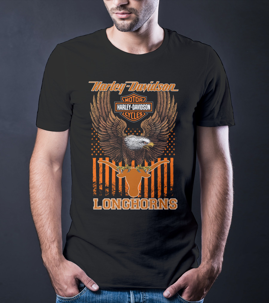 Harley Davidson Motor Cycles Eagle Stars And Stripes Longhorns T-Shirt