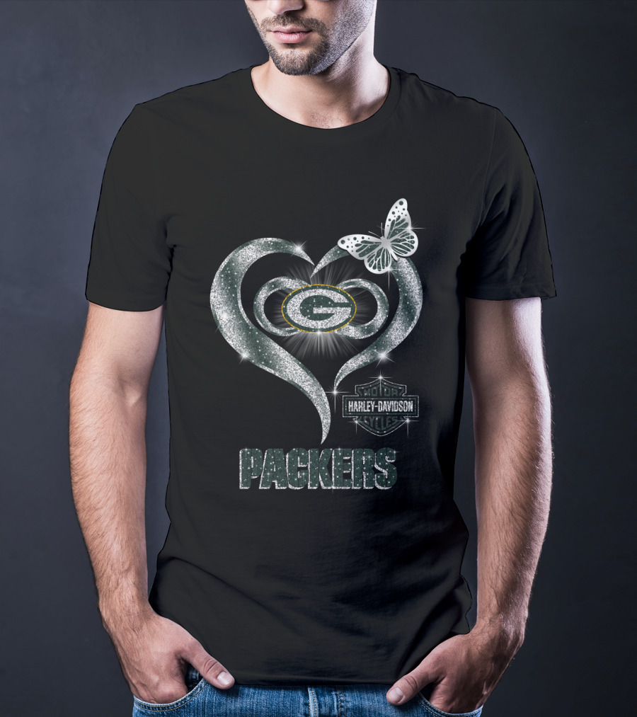 Green Bay Packers Harley Davidson Heart Butterfly T-Shirt