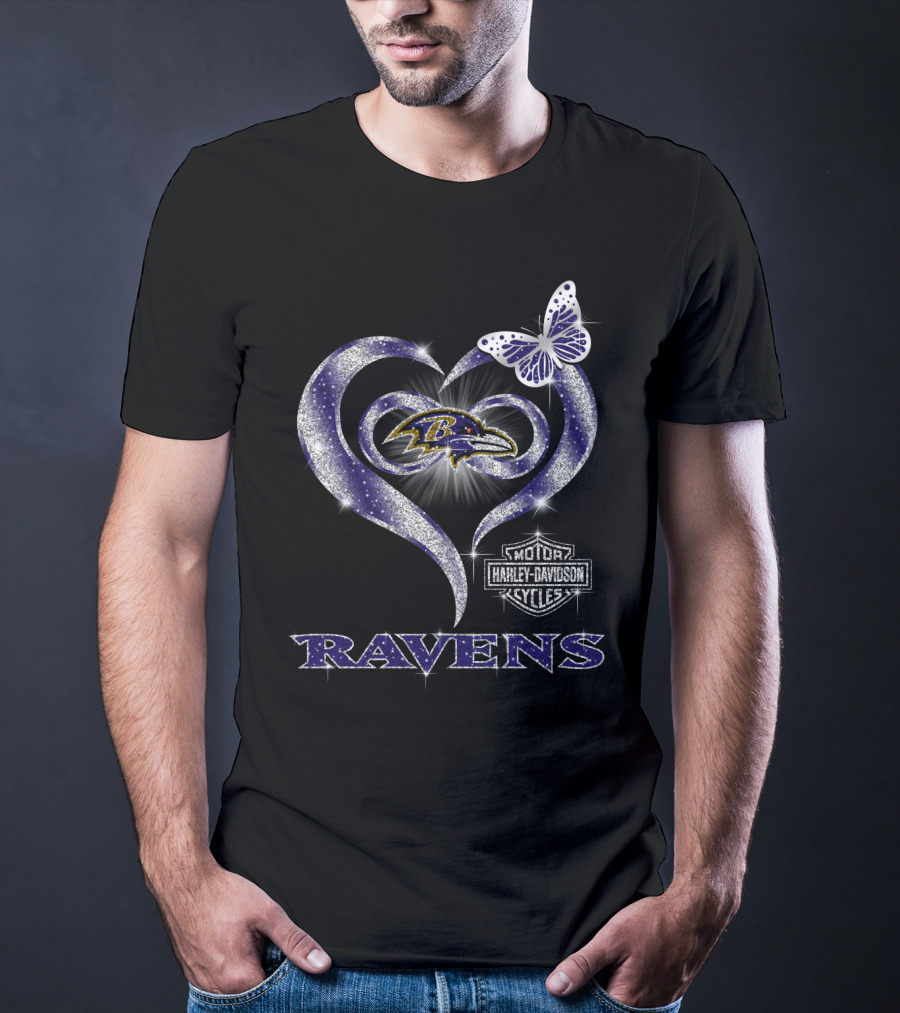 Baltimore Ravens Heart Harley Davidson Butterfly T-Shirt