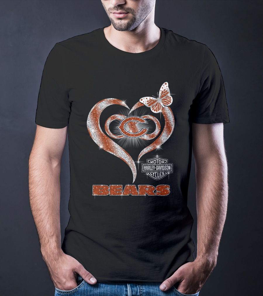 Hlh01 Chicago Bears Heart Butterfly Harley Davidson Cycles T-Shirt