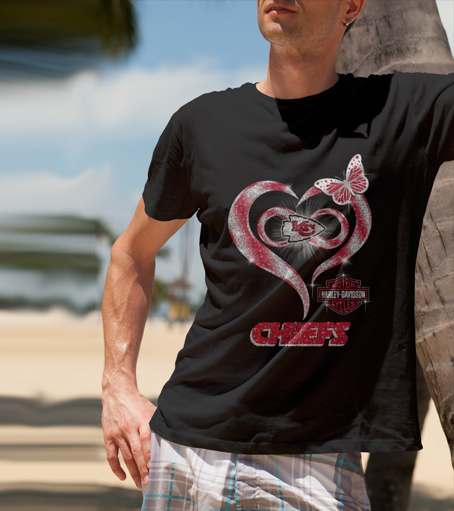 Kansas City Chiefs Harley Davidson Heart Butterfly T-Shirt