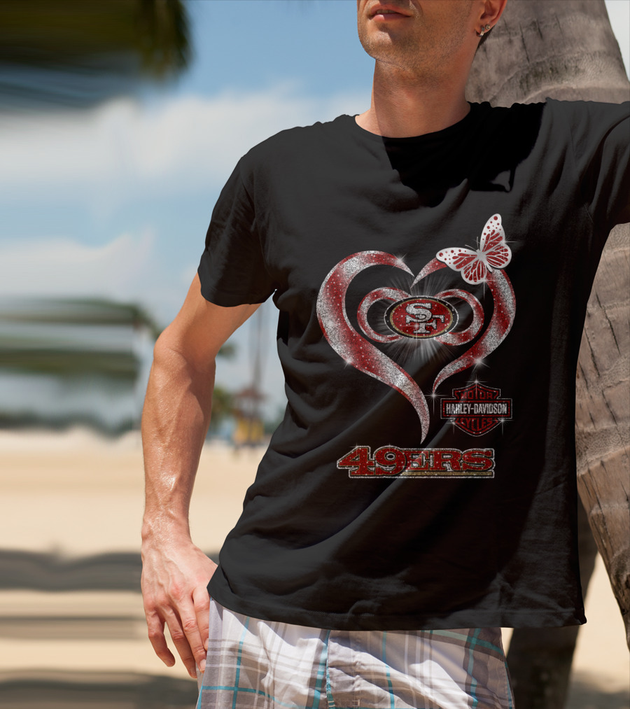 49ers Harley Davidson Heart With Butterfly T-Shirt