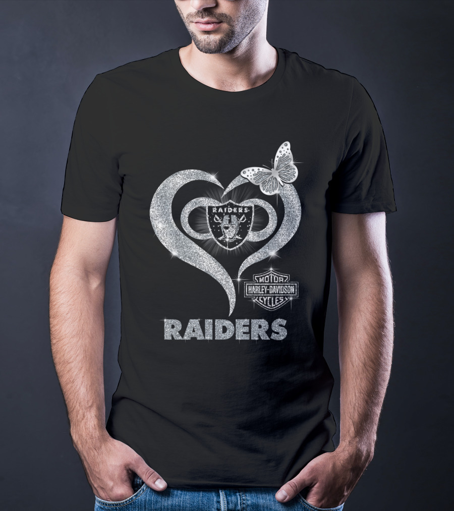 Hlh01 Raiders Harley Davidson Cycles Silver Butterfly Heart T-Shirt