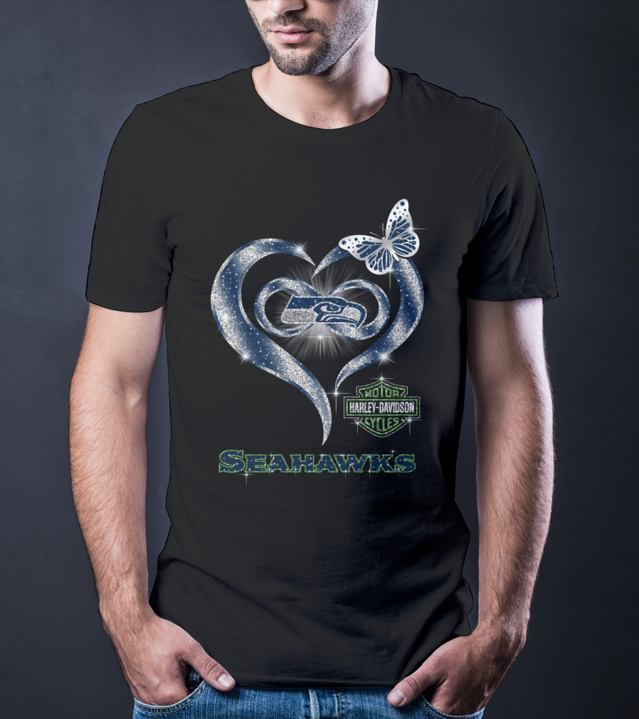 Seattle Seahawks Harley Davidson Heart Butterfly Sparkle T-Shirt