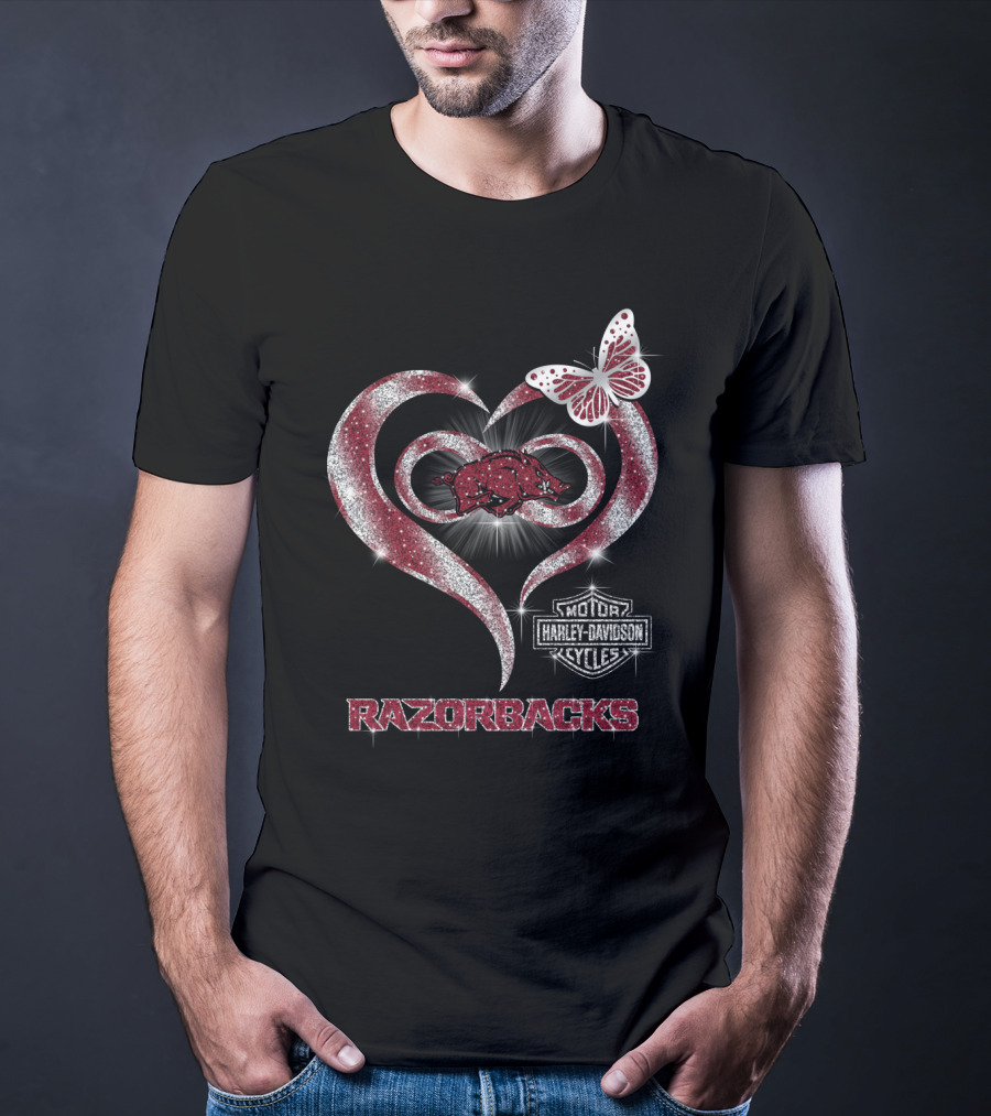 Razorbacks Heart Arkansas Harley Davidson Cycles Butterfly T-Shirt