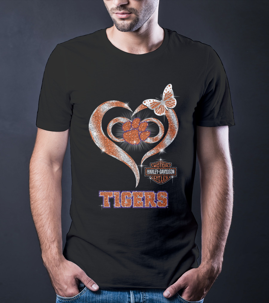 Clemson Tigers Harley Davidson Heart With Paw Print And Butterfly T-Shirt