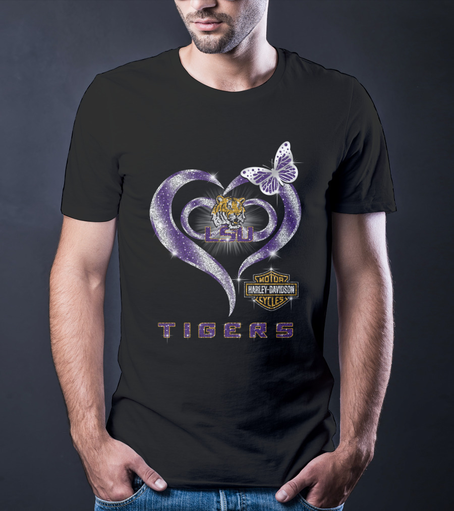 Lsu Tigers Harley Davidson Heart Butterfly T-Shirt