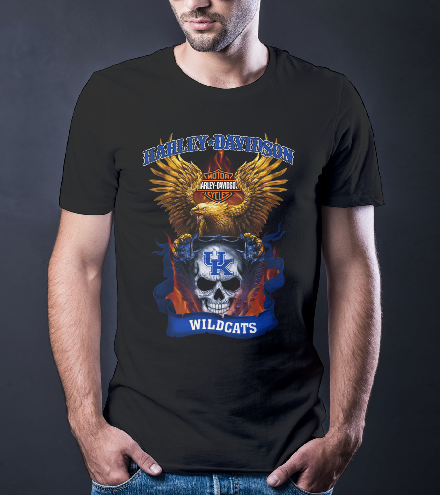 Harley Davidson Motor Cycles Kentucky Wildcats Skull Eagle Flames T-Shirt