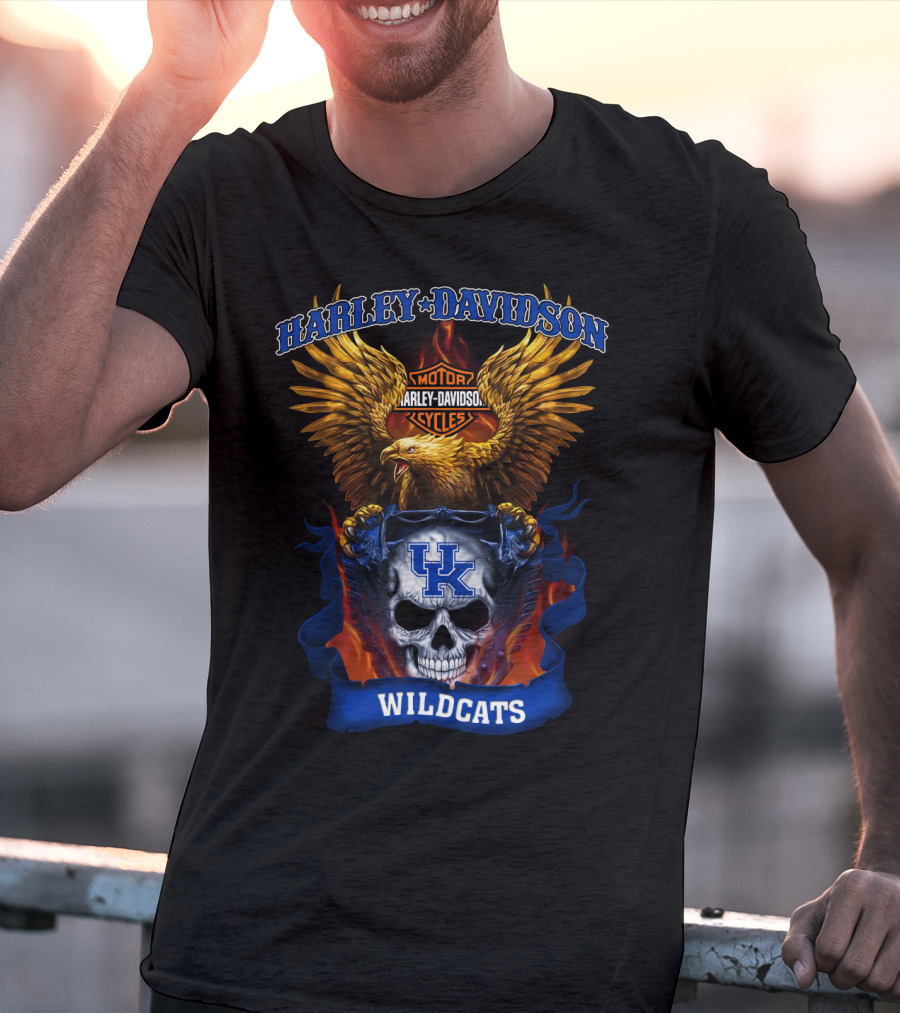 Harley Davidson Motor Cycles Kentucky Wildcats Skull Eagle Flames T-Shirt