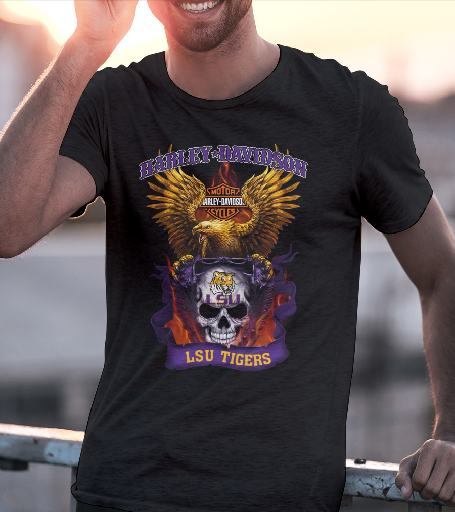 Harley Davidson Lsu Tigers Skull Eagle Motorcycles T-Shirt