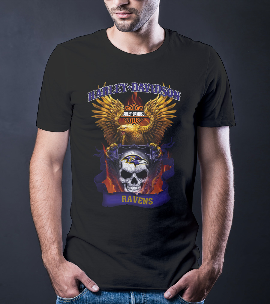 Harley Davidson Motorcycles Baltimore Ravens Eagles Skull T-Shirt