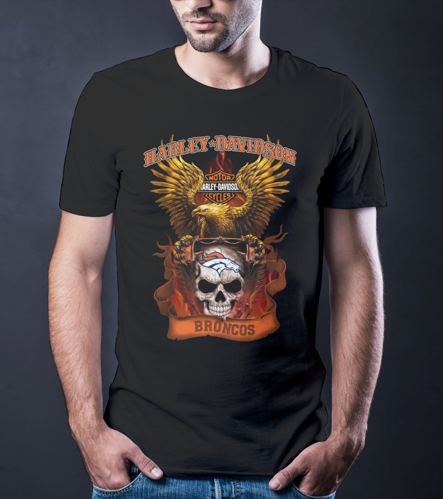 Harley Davidson Motor Cycles Broncos Eagle Skull T-Shirt