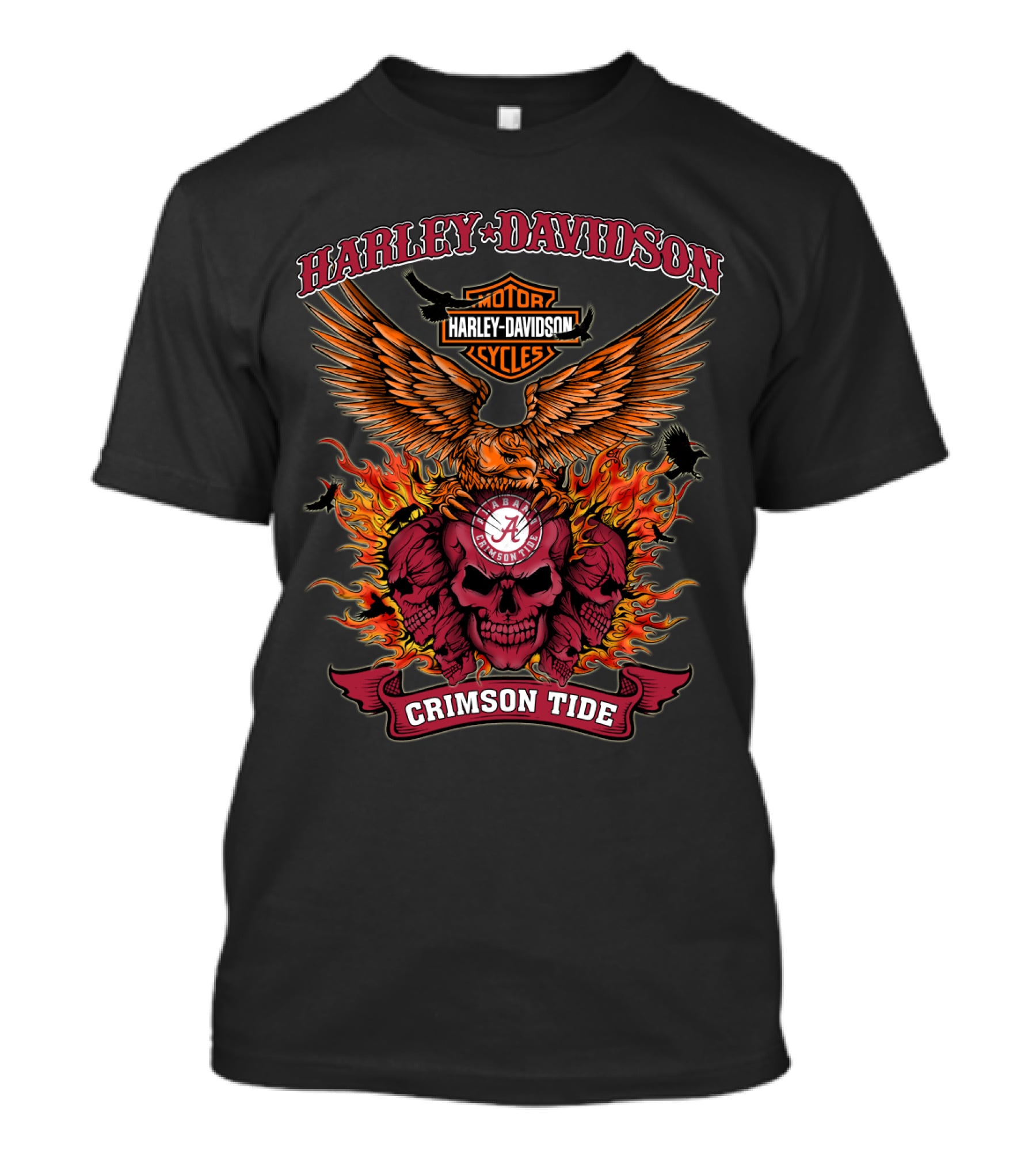 Harley Davidson Alabama Crimson Tide Motor Cycles Eagle Skull Flames T-Shirt