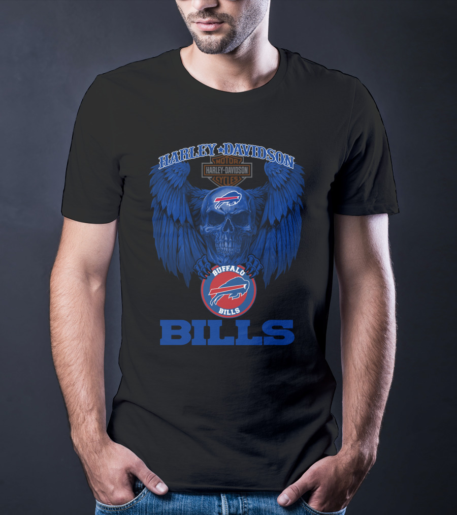 Harley Davidson Buffalo Bills Nfl Skull And Wings T-Shirt