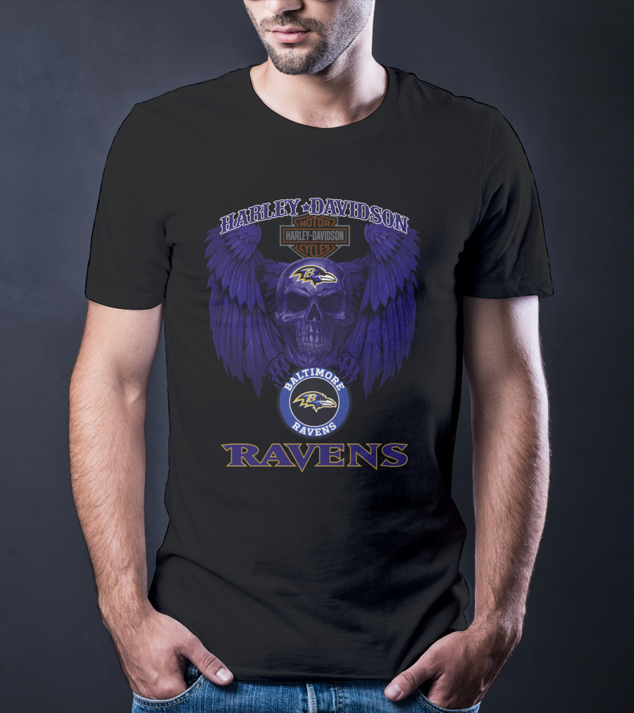 Harley Davidson Motor Cycles Baltimore Ravens Skull With Wings T-Shirt