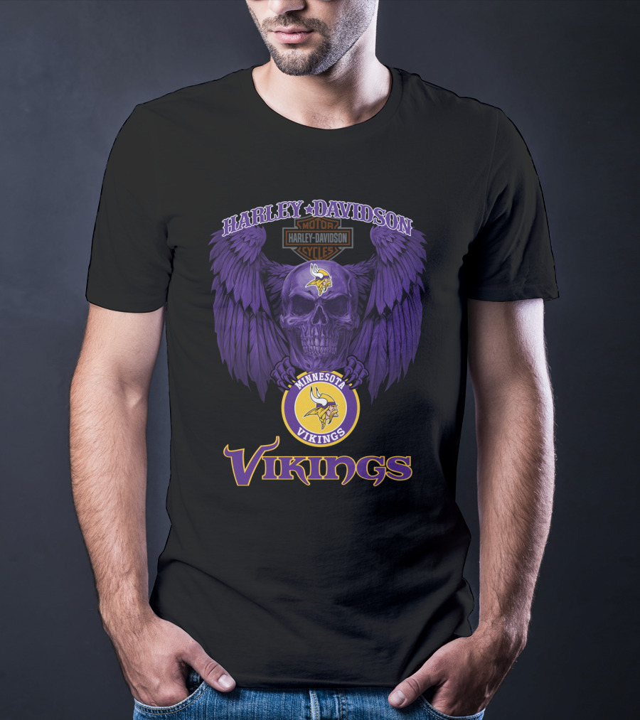 Harley Davidson Minnesota Vikings Motorcycles Purple Skull Wings T-Shirt