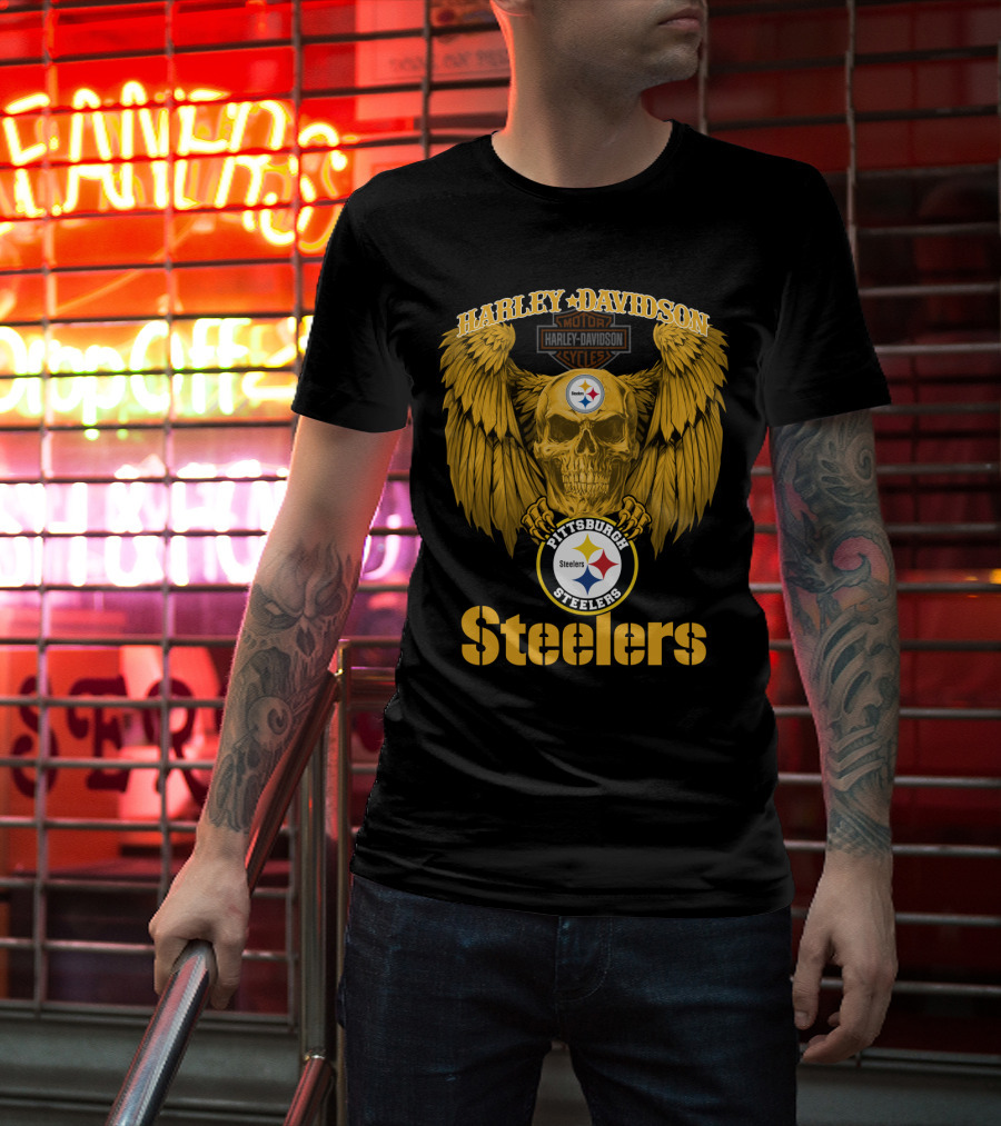 Harley Davidson Pittsburgh Steelers Skull Motor Cycles Winged T-Shirt