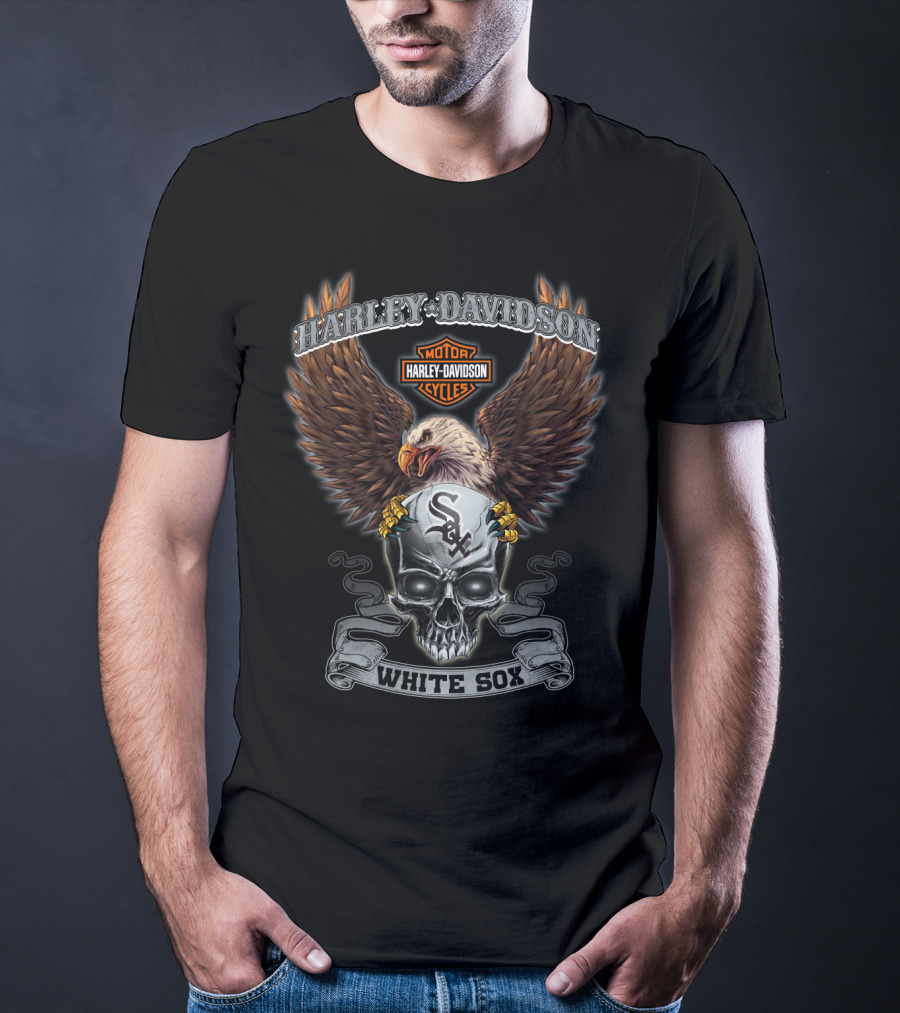 Harley Davidson Motor Cycles Eagle Skull White Sox T-Shirt