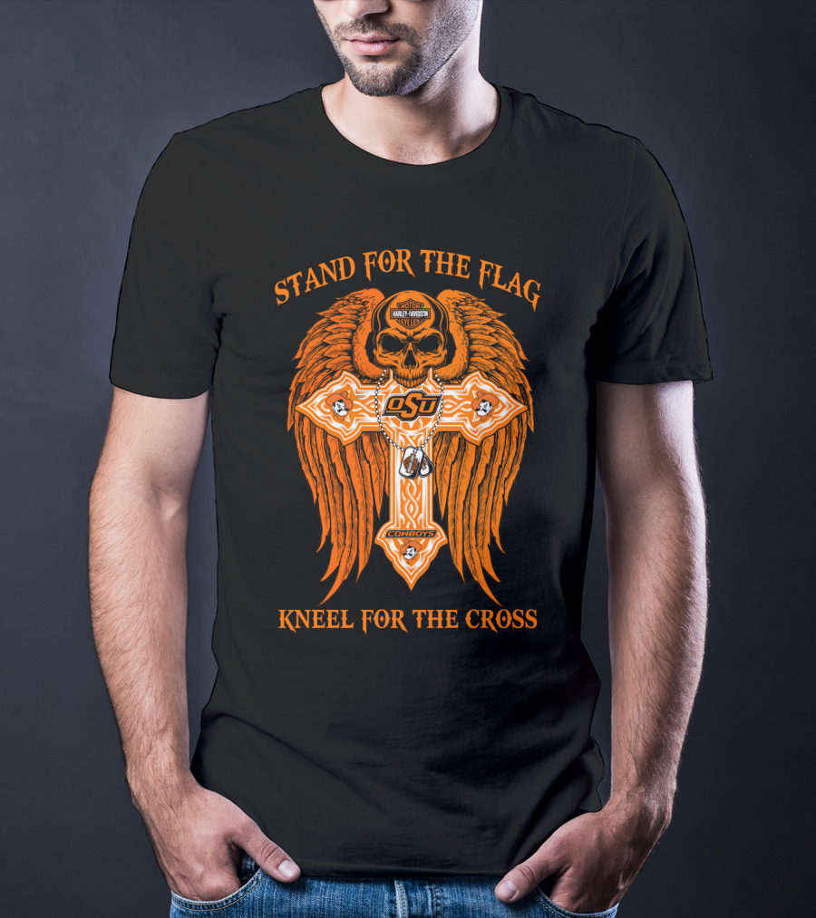 Stand For The Flag Kneel For The Cross Oklahoma State Cowboys Skull Cross T-Shirt