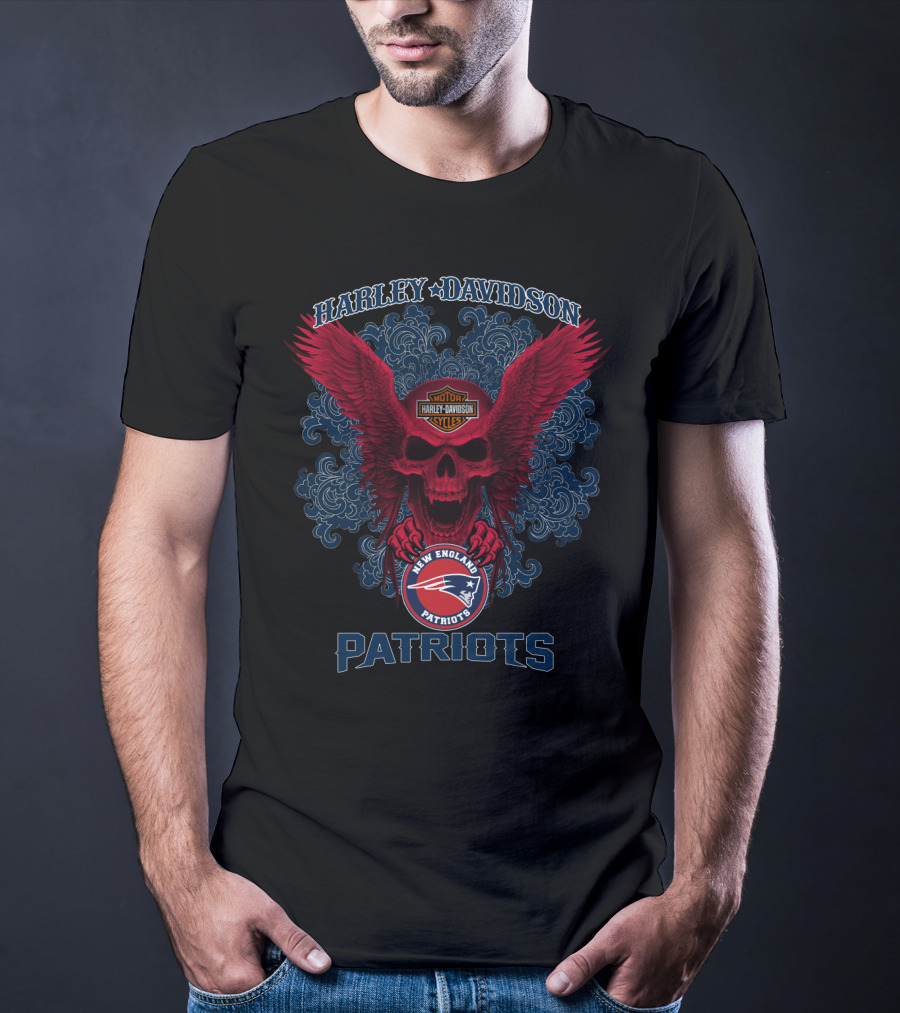 Harley Davidson New England Patriots Nfl Skulls And Wings T-Shirt