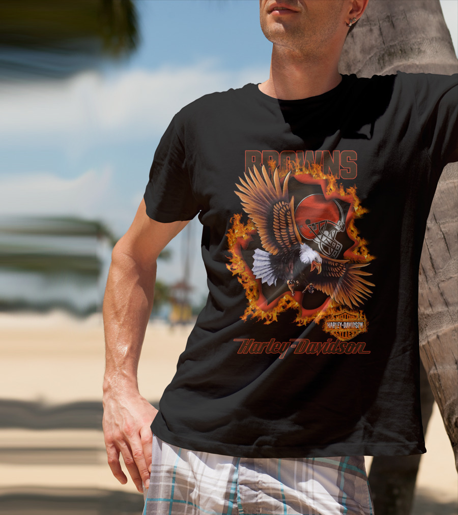 Browns Harley Davidson Nfl 84 Cleveland Browns Eagle Helmet Flames T-Shirt
