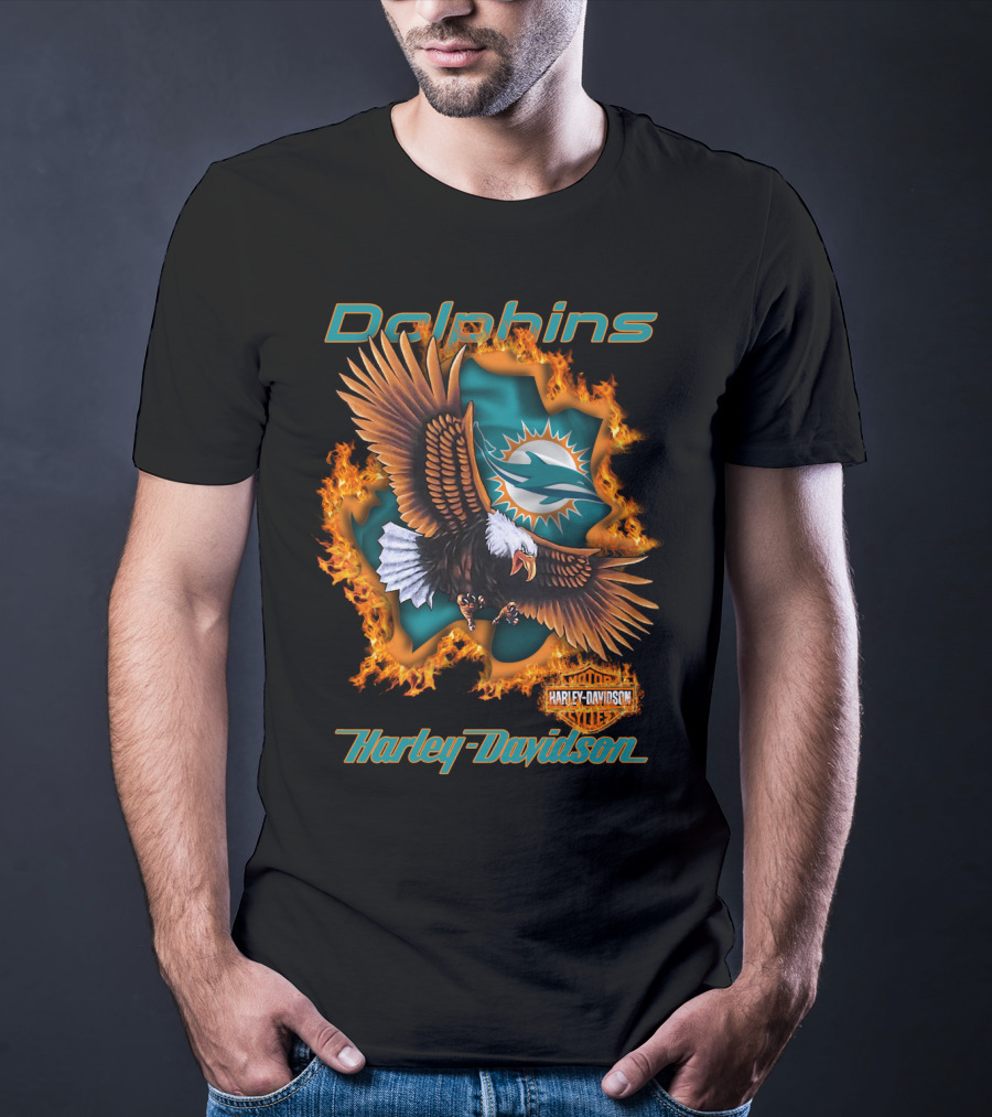 Miami Dolphins Harley Davidson Nfl 84 Bald Eagle Flames T-Shirt
