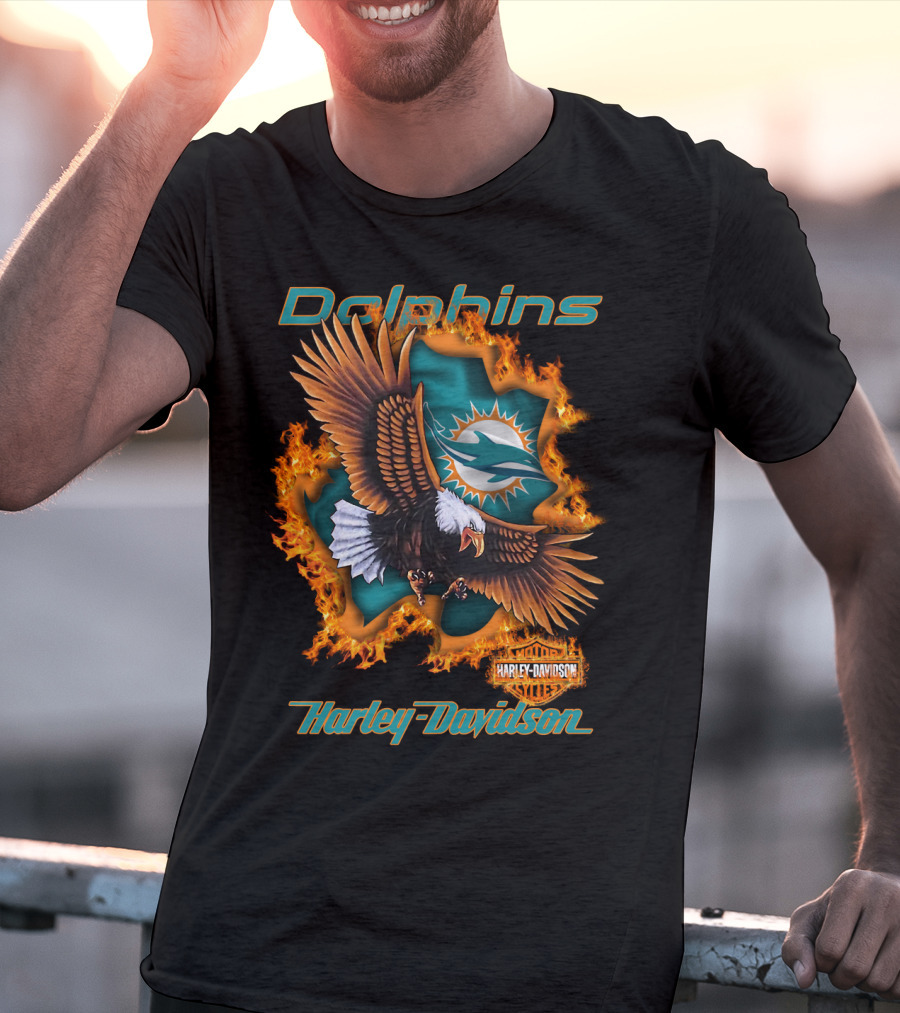 Miami Dolphins Harley Davidson Nfl 84 Bald Eagle Flames T-Shirt
