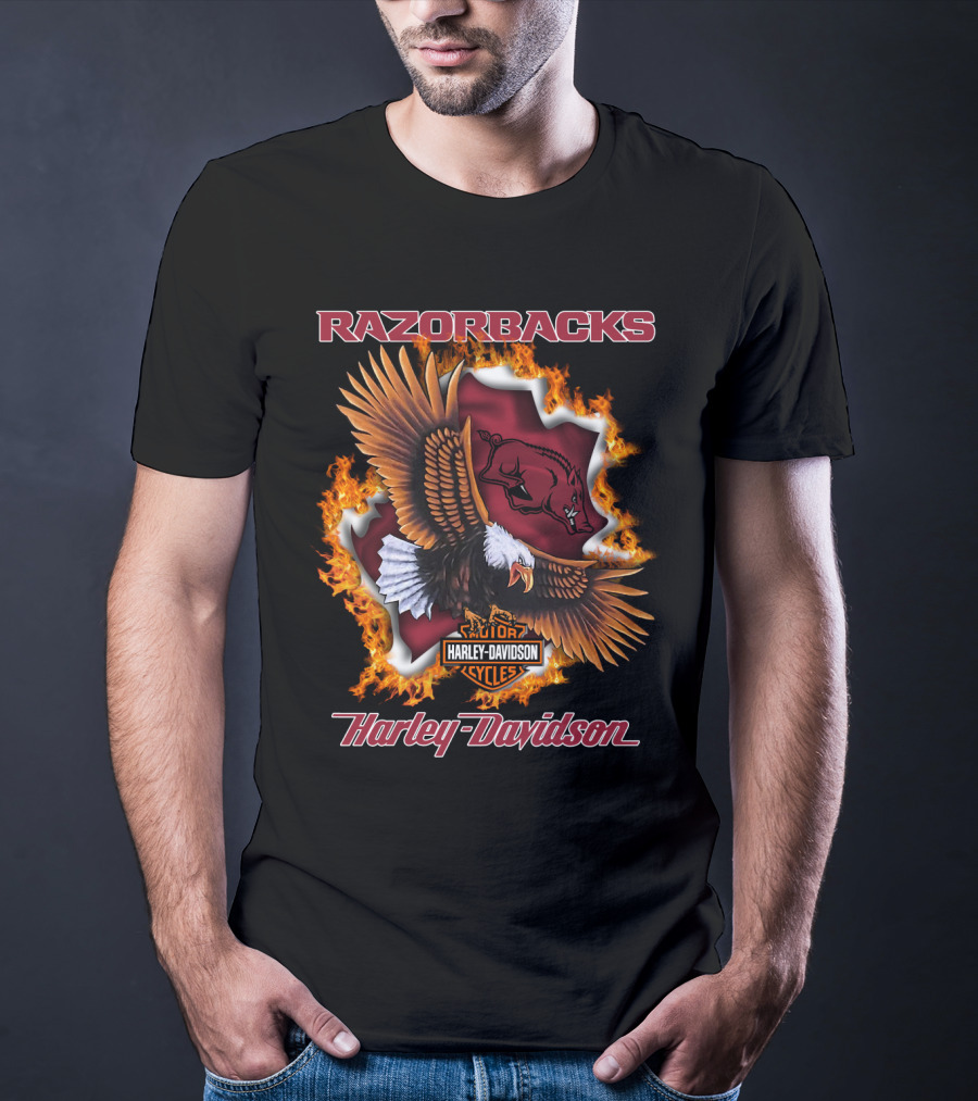 Razorbacks Harley Davidson Cycles Eagle And Flame T-Shirt