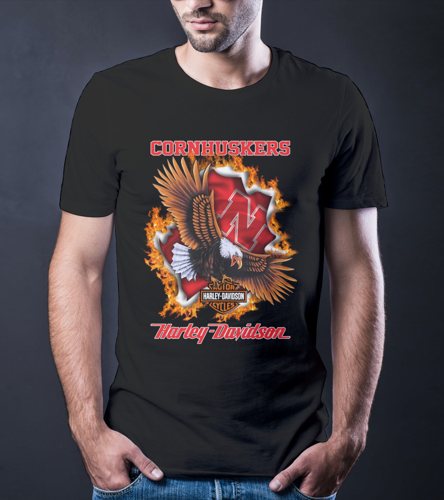 Cornhuskers Harley Davidson Ncaa Nebraska Eagles Flame T-Shirt
