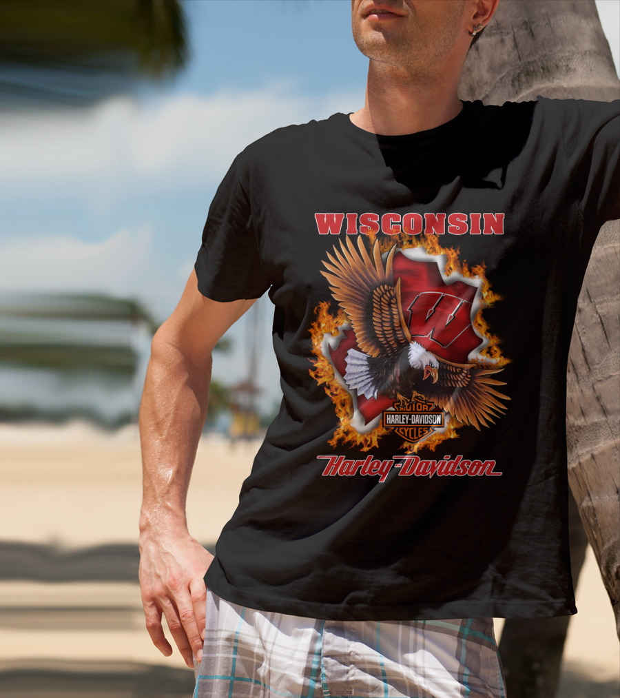 Wisconsin Harley Davidson Ncaa Badgers Flames Eagle T-Shirt