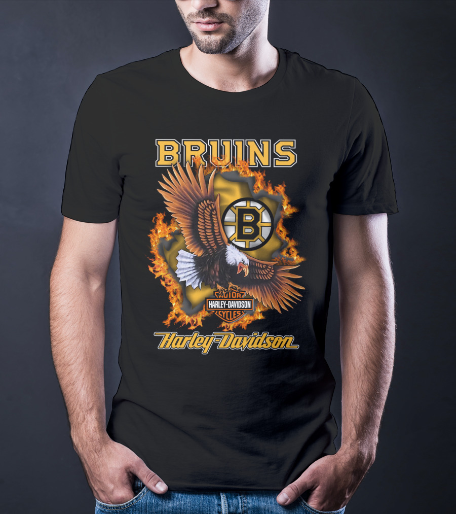 Boston Bruins Harley Davidson Cycles Eagle Flames T-Shirt