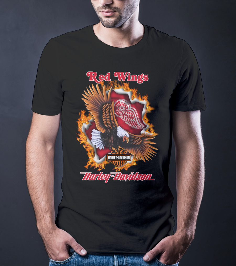 Red Wings Harley Davidson Detroit Nhl Eagle Logo Flames T-Shirt