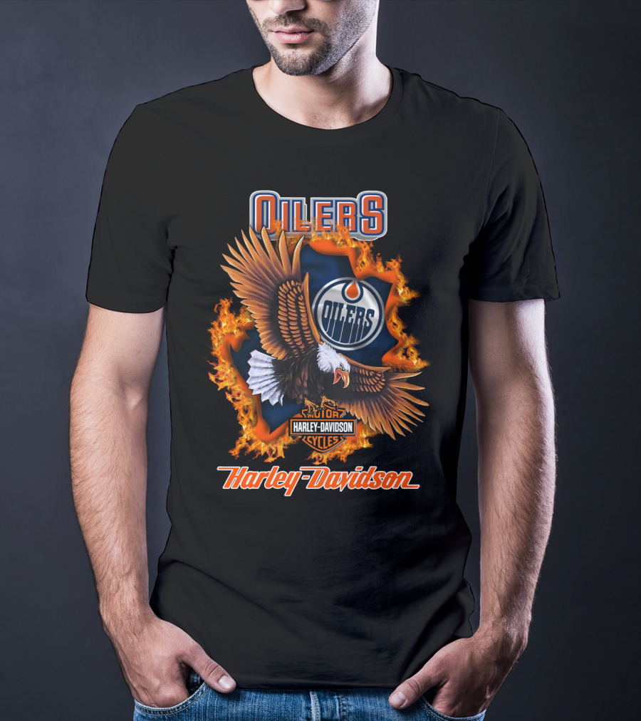 Oilers Edmonton Oilers Harley Davidson Cycles Eagle Flame T-Shirt