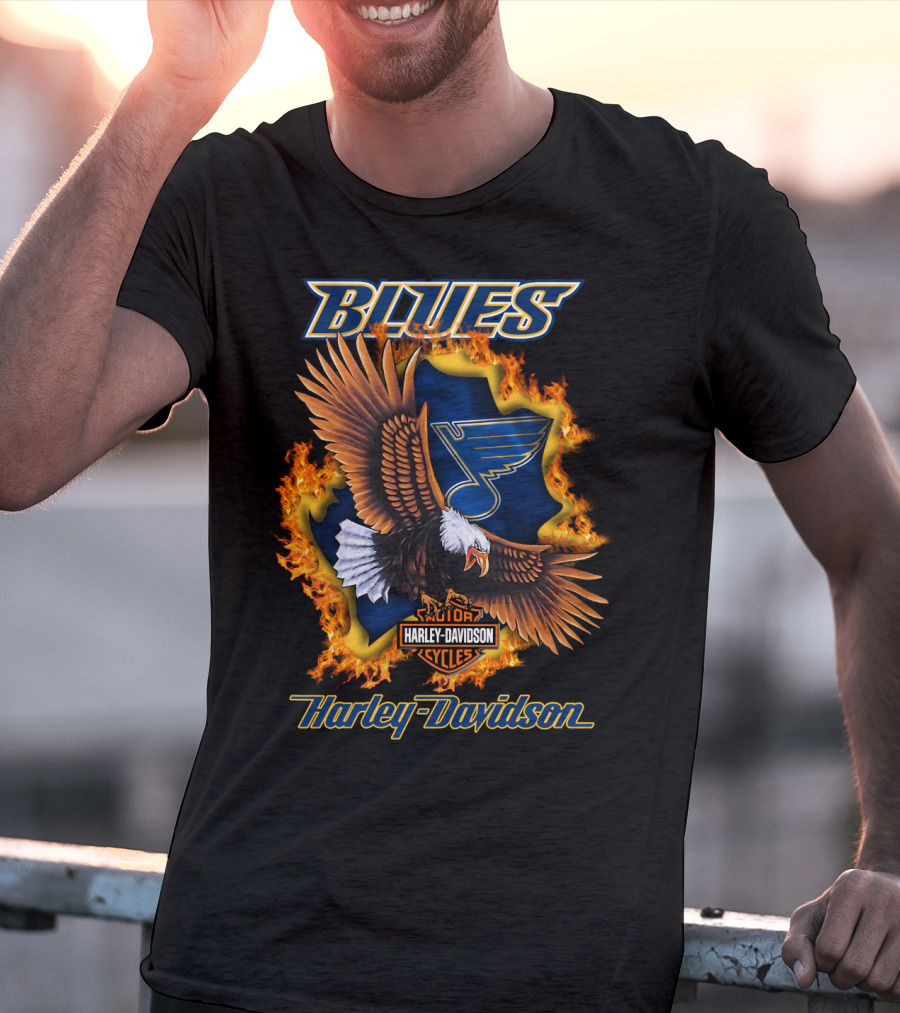 St Louis Blues Harley Davidson Cycles Nhl Eagle Blaze T-Shirt