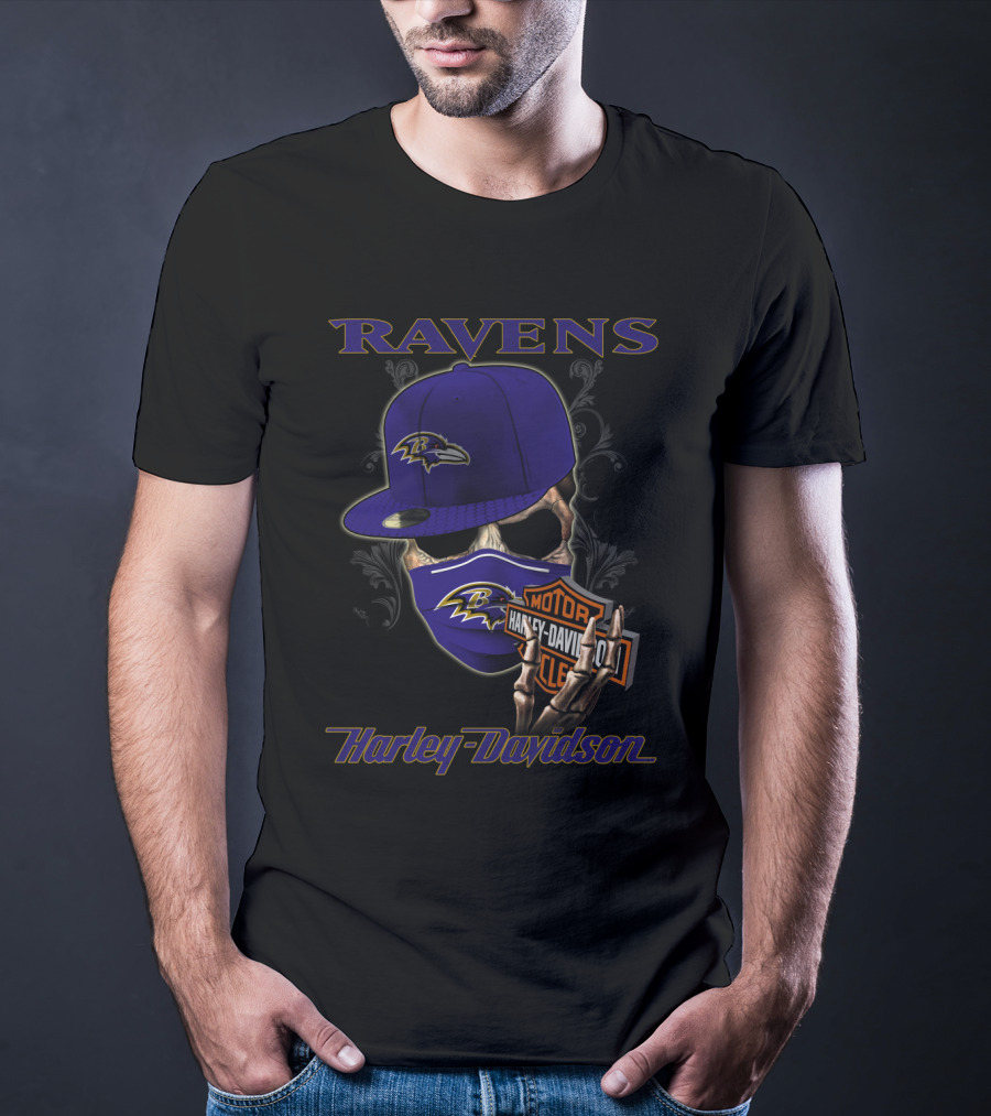 Ravens Harley Davidson Nfl Baltimore Skeleton Mask And Cap T-Shirt