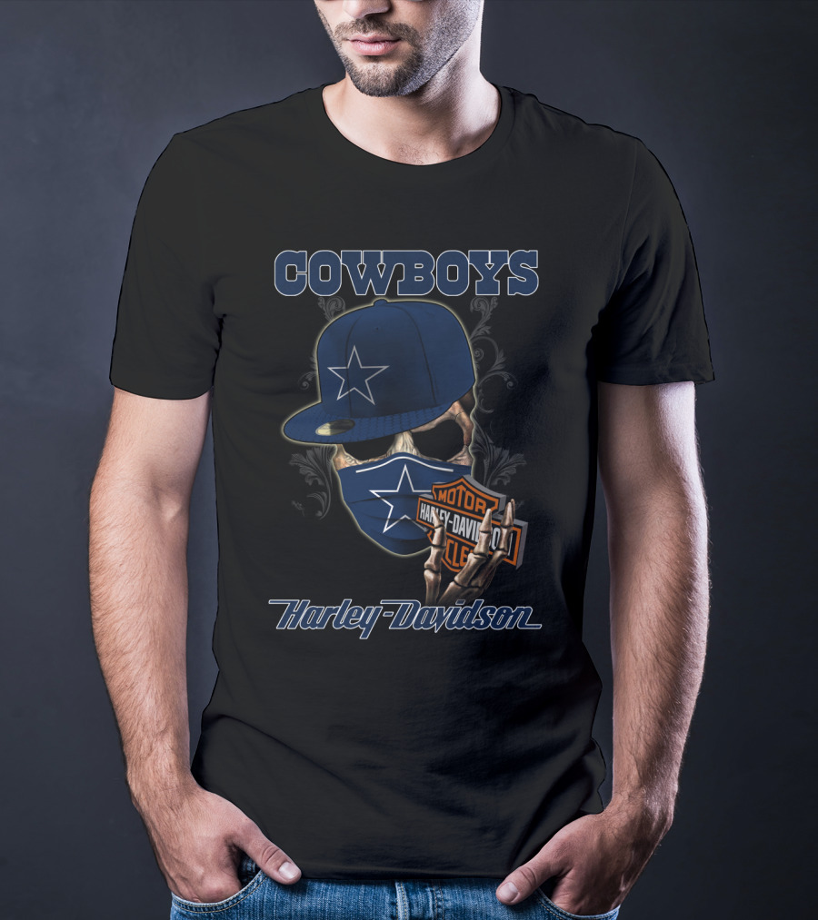 Cowboys Harley Davidson Skull With Cap And Mask Nfl Dallas 04.13 T-Shirt